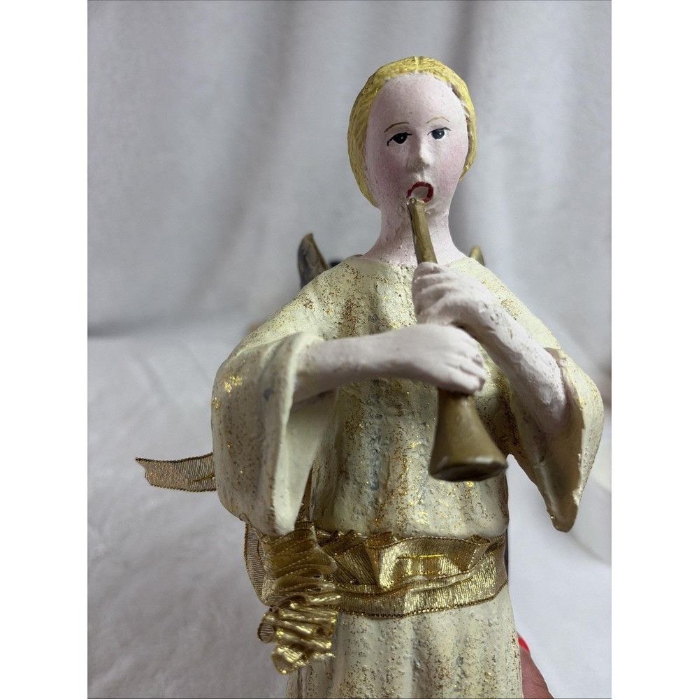 Vintage 90s Christmas Angel Figurine Playing Horn Gold & Cream Decor Solid Resin - Picture 4 of 10